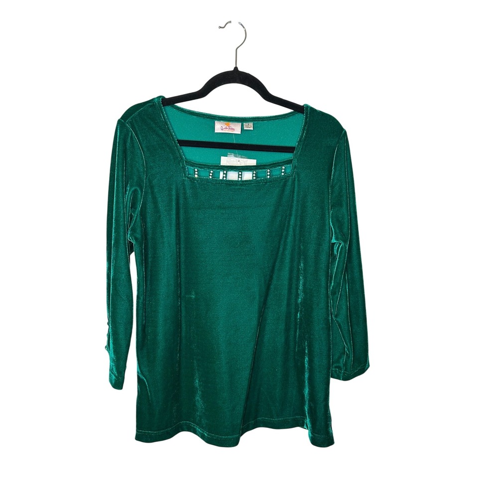 Quacker Factory Emerald Green Velvet Rhinestone Square Neck Long Sleeve Top
